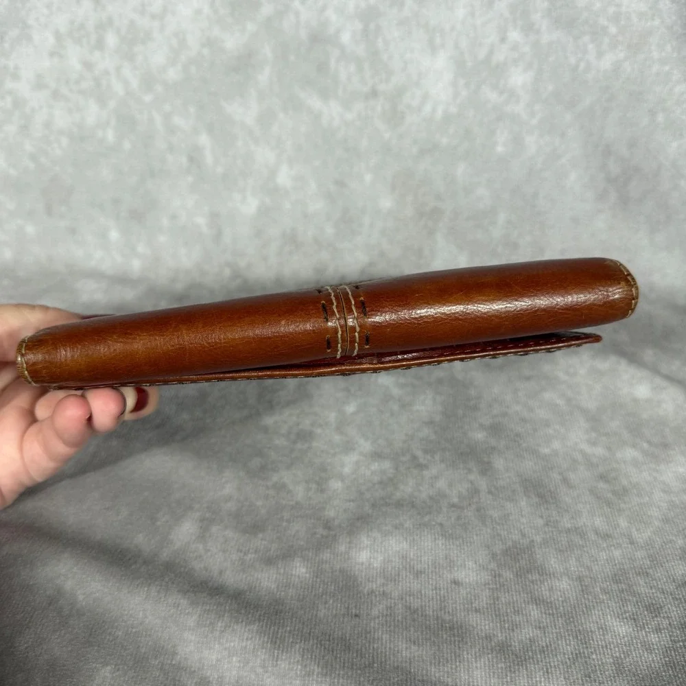 Vtg 90s Y2K Fossil Brown Leather Trifold Wallet Checkbook Holder Contrast Stitch